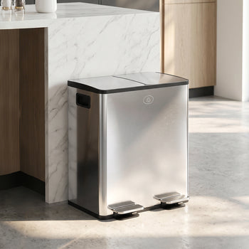 Trash Can, 2 x 5 Gallon Stainless Steel Garbage Can with Soft Close, Stay-Open Lid, Pedals, Inner Buckets, Silver