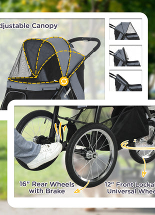 3 Wheels Pet Stroller for Small Dogs and Medium Dogs with Adjustable Canopy, Safety Tether, Storage Basket, Gray