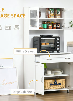 67" Buffet with Hutch, Modern Kitchen Pantry, Freestanding Storage Cabinet with Framed Glass Doors, Shelves and Drawers, White