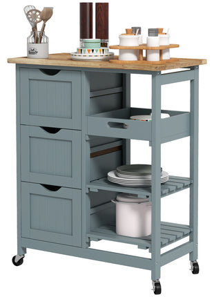 Rolling Kitchen Cart, Kitchen Island with Wood Top, Shelves & Drawers for Dining Area, Gray