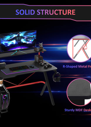 47 Inch Gaming Desk Racing Computer Desk Home Office Workstation with Elevated Monitor Shelf Rotatable Cup Holder Headphone Hook, Black