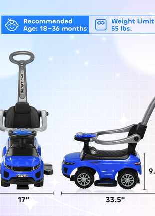 3 In 1 Push Cars for Toddlers Kid Ride on Push Car Stroller Sliding Car with Horn Music Function, Blue