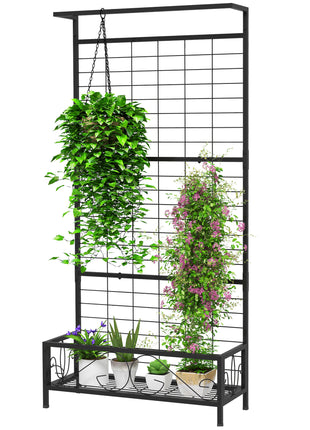 Metal Tall Plant Stand with Trellis and Hanging Bar, Plant Holder for Indoor Outdoor Use, 35" x 12.8" x 74", Black