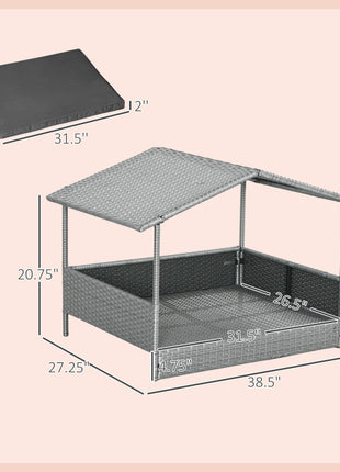 Wicker Dog House Outdoor with Canopy, Rattan Dog Bed with Water-resistant Cushion, Raised Pet Bed for Small, Medium Breeds up to 66 lbs, 20" in Length, Silver Wicker, Gray Cushion
