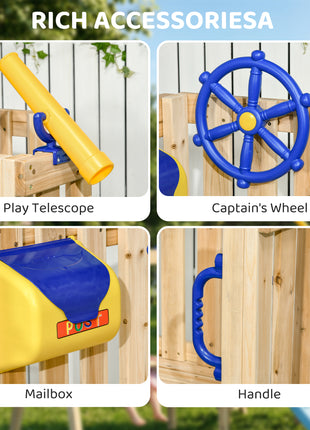 Swing Set for Backyard, Wooden Toddler Outdoor Playset with Baby Swing Seat, Kids Slide, Fort, Playground Equipment with Captain's Wheel, Telescope for Ages 1.5-4, Natural