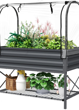 Raised Garden Bed with Legs and Cover, Metal Elevated Planter Box with Bottom Shelf and Liner for Vegetables, Dark Gray