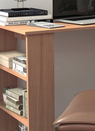 360° Rotating Home Office Desk L Shaped Corner Computer Desk with Storage Shelves, Writing Table Workstation, Teak
