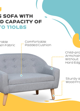 2-Seat Kids Sofa, Toddler Sofa Couch, Linen-Like Fabric & Wood Frame Sofa Chair for Ages 3-7, 11" High Seat, Gray