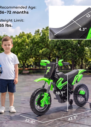 12V Kids Motorcycle, 2 x 35W Electric Dirt Bike with Training Wheels, Rear Suspension, Horn for 3-6 Years, Green