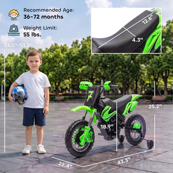 12V Kids Motorcycle, 2 x 35W Electric Dirt Bike with Training Wheels, Rear Suspension, Horn for 3-6 Years, Green
