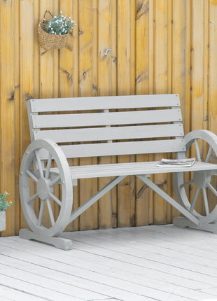 41" Wooden Wagon Wheel Bench, Rustic Outdoor Patio Weather Resistance Furniture, 2-Person Slatted Seat Bench with Backrest, Light Gray