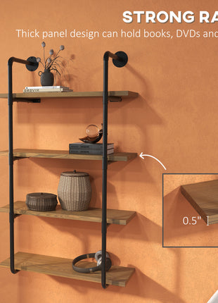 4-Tier Industrial Pipe Shelves Floating Wall Mounted Bookshelf, Metal Frame Display Rack, 1" Thickness Shelving Unit for Farmhouse, Kitchen, Bar, Rustic Brown
