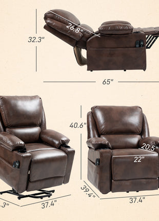 Power Lift Chair for Elderly, Faux Leather Recliner Sofa with Vibration Massage and Heat, Remote, Side Pockets, Brown
