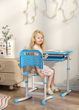 Height Adjustable Kids Desk and Chairs Set with Tilt Desktop, Storage Drawer, Pen Slot, Hook, Blue