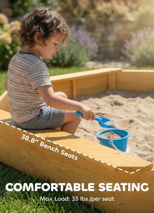 Wooden Sandbox with Large Canopy, Outdoor Sand Box with 4 Bench Seats, Bottom Liner for 8 Kids Aged 3-8, Yellow