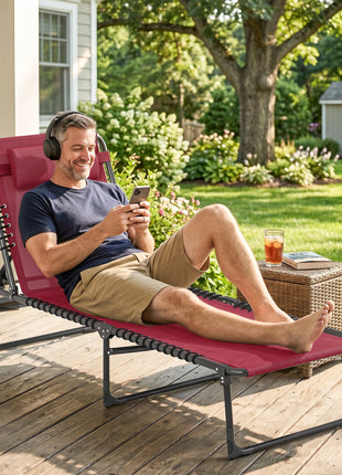 Folding Chaise Lounge Pool Chair with 4-Position Reclining Back, Pillow, Breathable Mesh & Bungee Seat, Wine Red