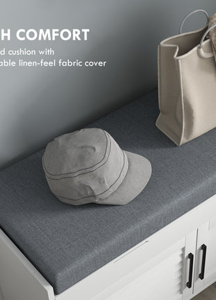Shoe Storage Bench, Modern Entryway Bench with Cushion, Hidden Compartments, Adjustable Shelves, Shutter Doors, White