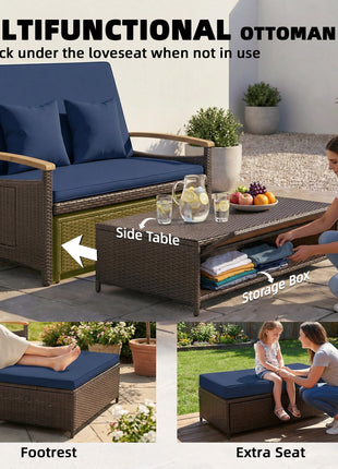 Rattan Outdoor Daybed w/4-Level Adjustable Backrest, Patio Sofa Bed w/Storage Ottoman, Acacia Wood Armrest, Navy Blue