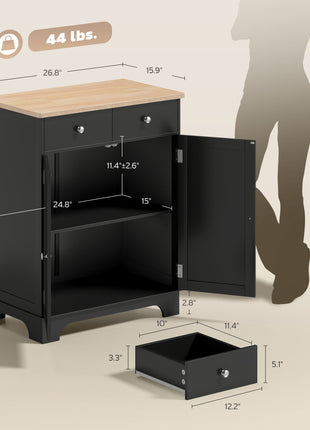 Kitchen Storage Cabinet, Sideboard Floor Cupboard with Solid Wood Top, Adjustable Shelf, and 2 Drawers, Black