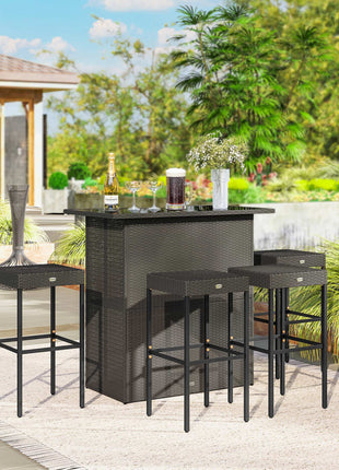 5 Piece Rattan Wicker Bar Set, High Top Outdoor Table and Chairs, Bar Height Patio Set, 2 Shelves & 4 Bar Stools, Brown