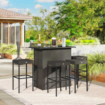 5 Piece Rattan Wicker Bar Set, High Top Outdoor Table and Chairs, Bar Height Patio Set, 2 Shelves & 4 Bar Stools, Brown