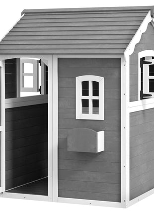Outdoor Wooden Playhouse for Kids with Floor, Door, Windows, Planter Box for 3-8 Years Old, Backyard, Lawn, Garden