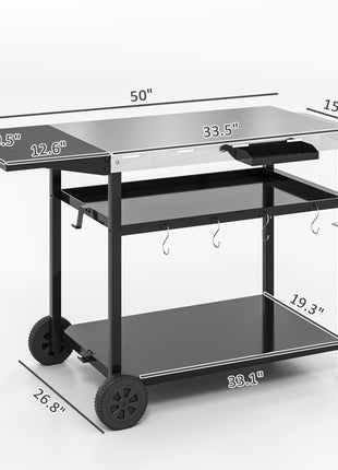 Outdoor Bar Cart Grill Table with Stainless Steel Tabletop, Wheeled Outdoor Serving Cart Prep Table with Storage, Hooks