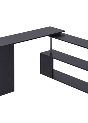 55" 360° Rotating Corner Computer Desk Modern L-Shaped Home Office Workstation with 3-Tier Storage Shelves, Bookshelf, Black