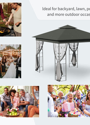  10' x 10' Metal Patio Gazebo, Double Roof Outdoor Gazebo Canopy Shelter with Tree Motifs Corner Frame and Netting, for Garden, Lawn, Backyard, and Deck, Gray