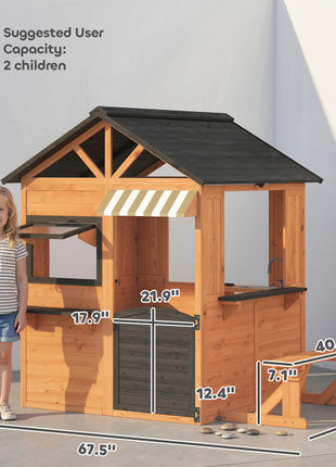 Wooden Kids Playhouse with Play Kitchen, Picnic Bench, Serving Station, Windows and Door for Backyard, Ages 3–8, Brown