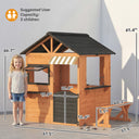 Wooden Kids Playhouse with Play Kitchen, Picnic Bench, Serving Station, Windows and Door for Backyard, Ages 3–8, Brown