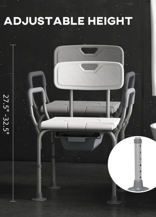 3-in-1 Shower Chair with Back and Arms, Height Adjustable Bedside Commode, Raised Toilet Seat with Non-Slip Rubber Foot Pad for Seniors, Disabled, White