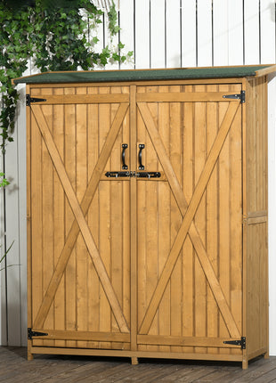 Outdoor Storage Cabinet Wooden Garden Shed Utility Tool Organizer with Waterproof Asphalt Rood, Lockable Doors, 3 Tier Shelves for Lawn, Backyard, Natural