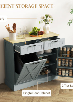 10 Gallon Farmhouse Kitchen Cabinet with Hidden Trash Can and 2 Drawers, Tilt Out Trash Can Cabinet for Kitchen, Gray