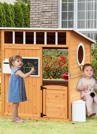 Wooden Playhouse for Kids Outdoor with Working Door, Windows, Mailbox, Bench, Flowers Pot Holder, 48" x 42.5" x 53"