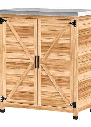 Wooden Storage Cabinet, Outdoor Prep Table w/ Metal Tabletop, Shelves and Double Doors for Patio, Garden, Natural Wood