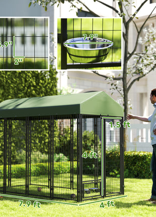 Outdoor Dog Kennel with Rotating Bowl Holders, Pet Playpen with Waterproof Cover, 8' x 4' x 6', Green
