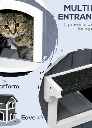 Outdoor Cat House with Weather-resistant Roof & Garden Bed, Outdoor Cat Shelter Enclosure with Multiple Entrances, Modern Cat Furniture Hideout, Cat Gifts, Gray