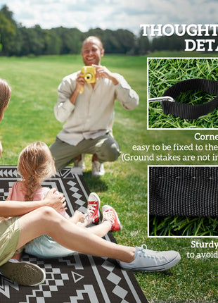Reversible Outdoor Rug, Waterproof Plastic Straw with Carry Bag, 9' x 18', Black & Gray Square Patchwork