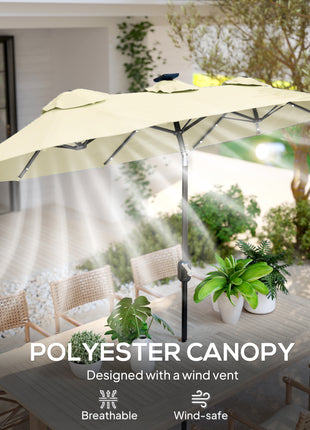 Double-sided Patio Umbrella, 9.7' Outdoor Umbrella with Tilt and Crank, LED Solar Light and 12 Ribs, Cream White
