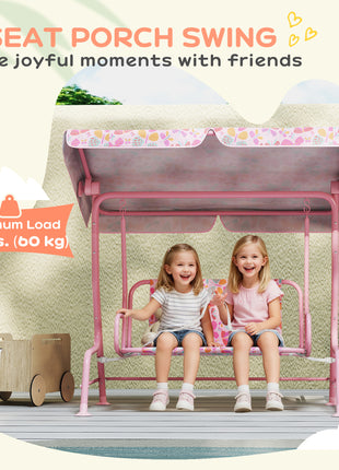Kids Patio Swing, 2-Seater Outdoor Porch Swing with Safety Belt and Adjustable Canopy for Backyard Garden, Pink