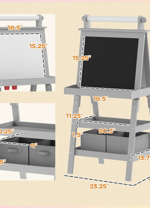 Double Sided Easel for Kids, Standing Toddler Easel with Paper Roll, Magnetic Whiteboard, Chalkboard & Storage, Gray
