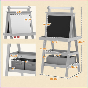 Double Sided Easel for Kids, Standing Toddler Easel with Paper Roll, Magnetic Whiteboard, Chalkboard & Storage, Gray