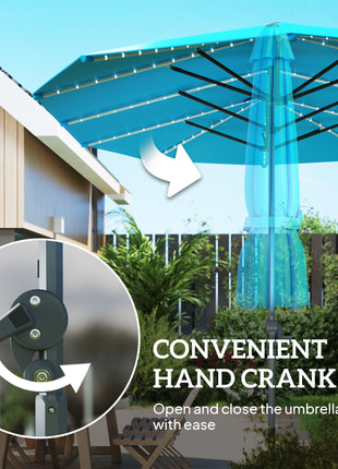 15ft Double-Sided Outdoor Umbrella with Solar Lights, UPF50+ Extra Large Aluminum Patio Umbrella with Crank, Blue