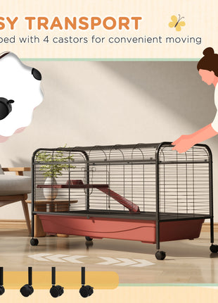 48" L Small Animal Cage, Pet Play House for Rabbit Hutch or Ferret with Feeder, Rolling Wheels, Platform, Ramp
