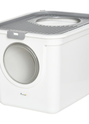 Covered Cat Litter Box, Easy Cleaning Kitty Litter Box with Front Entrance, Top Exit, Scoop, for Odor Control, White