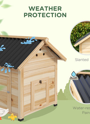 Duck Coop, Wooden Duck House with Openable Roof & Double Doors, Natural Wood