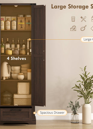 71" Pantry Cabinet, Kitchen Storage Cabinet with Adjustable Shelves, Barn Doors and Drawer for Dining Room, Brown