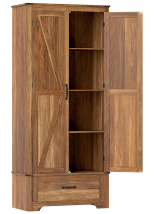 72" Farmhouse Pantry Cabinet with Adjustable Shelves, Kitchen Pantry Cabinet with 2 Doors, Brown