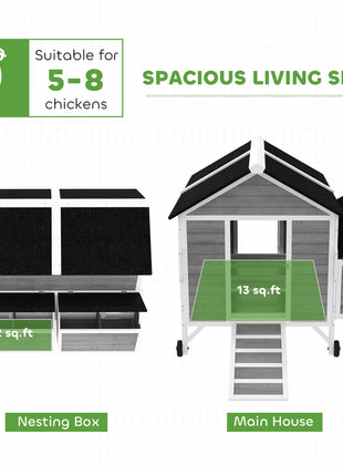 59" Wooden Chicken Coop w/ Wheels, Handles, 2 Nesting Boxes, 2 Trays, 4 Perches, Chicken Tractor for 4-6 Chickens, Gray